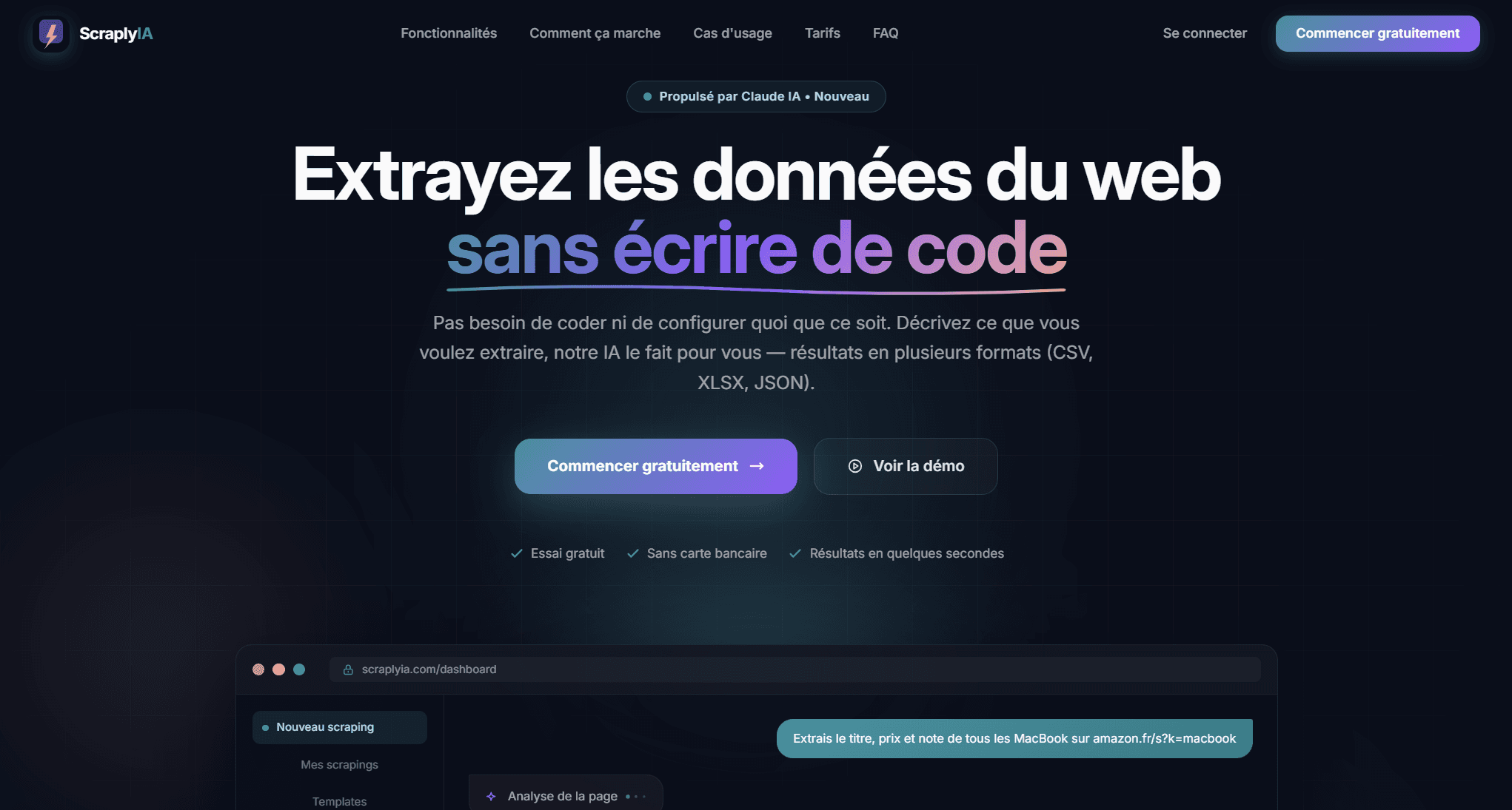 La page d'accueil de ScraplyIA : « Extrayez les données du web sans écrire de code », avec un aperçu du tableau de bord